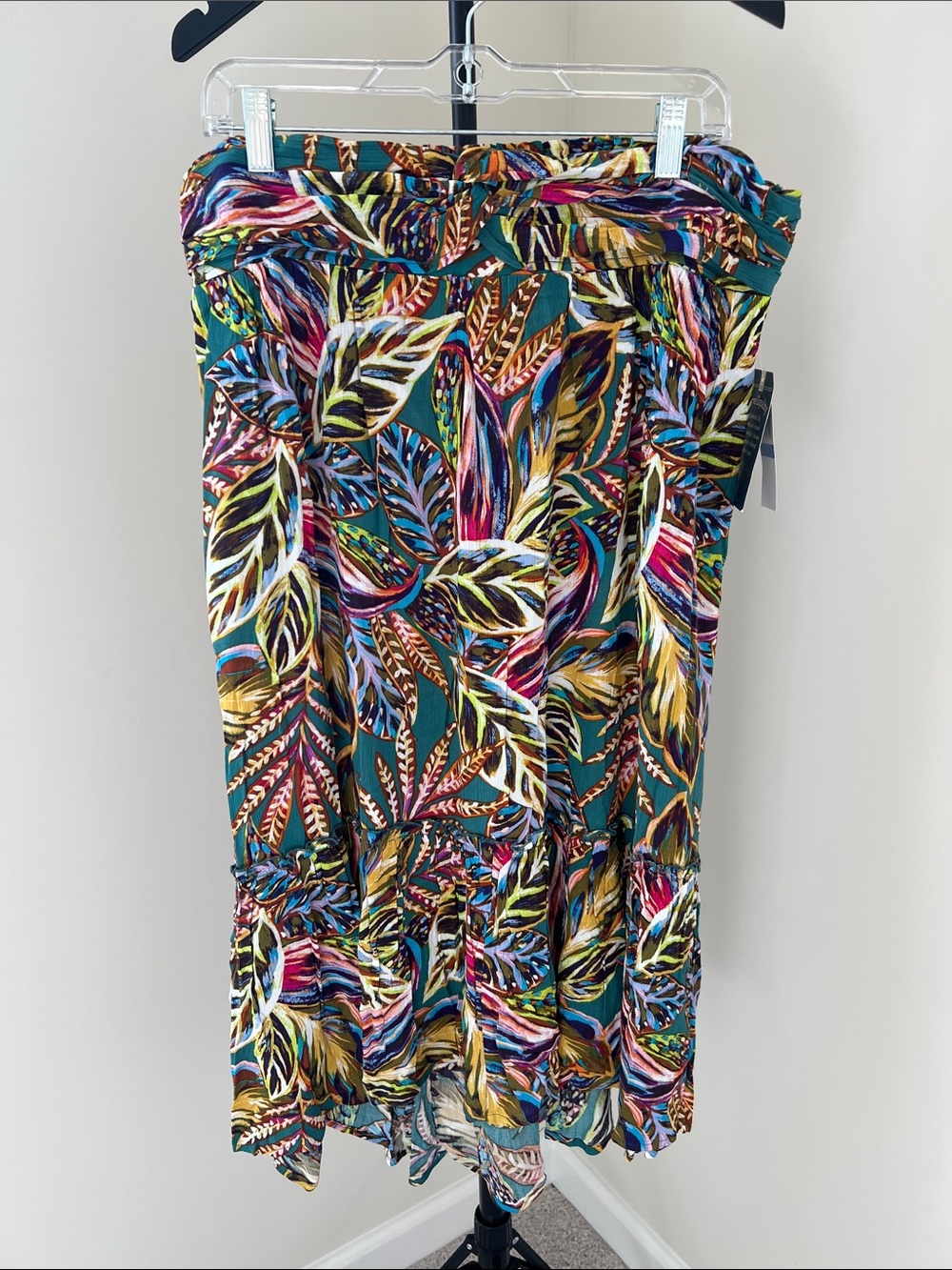 Democracy tropical leaf print evergreen Flounce Hem high low Midi Skirt XL - Picture 4 of 11